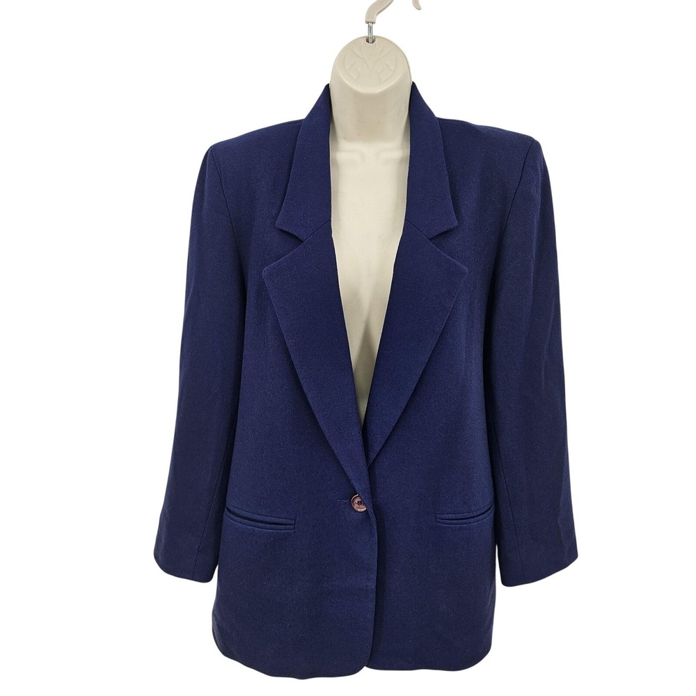 VTG Kristen Blake Blazer Jacket Women M Blue Merino Wool Lined Office‎ Work USA